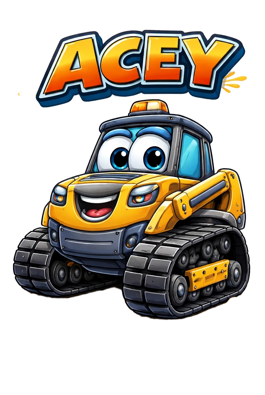Acey, the friendly cartoon vehicle mascot of Acey Tracks