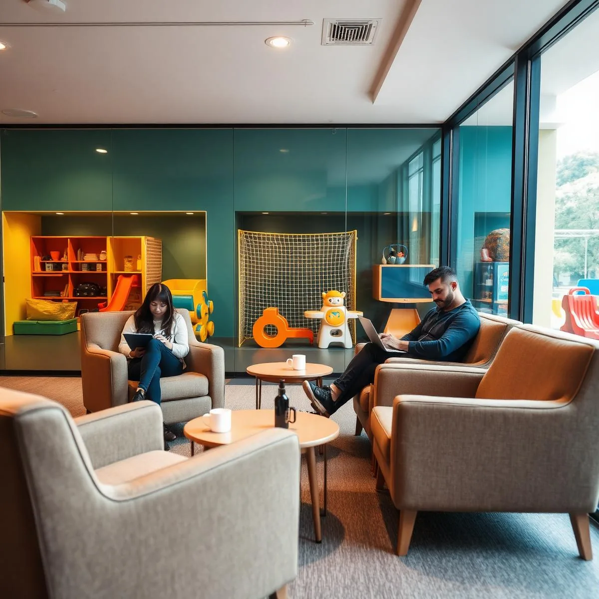 Parents relaxing in the lounge while children play at Acey Tracks