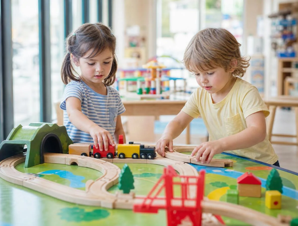 Children building a wooden train layout at Acey Tracks